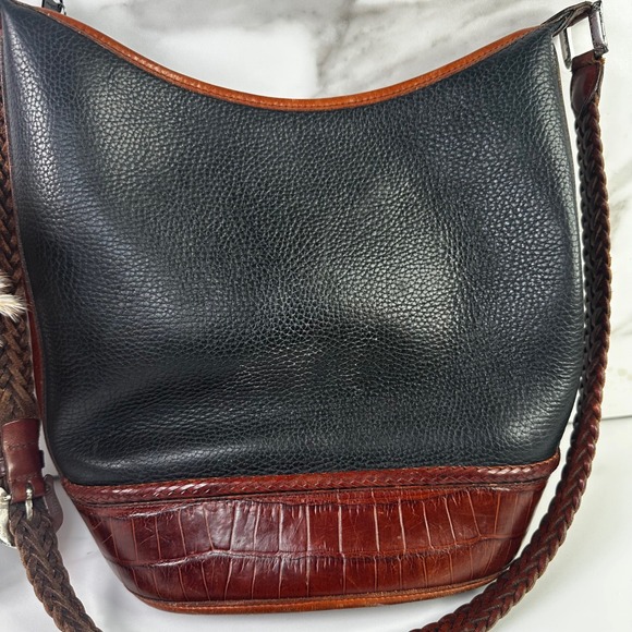 Brighton Handbags - Brighton Black Leather Croc Trim Braided Strap Shoulder‎ Bucket Handbag Purse